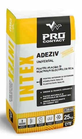Adeziv in pat subtire, pentru gresie si faiantă, plăci ceramice si portelanate, pentru interior si exterior PROCONTACT INTEX 25 kg